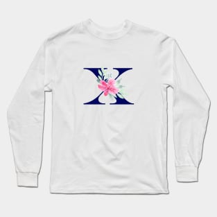 Watercolor Floral Letter X in Navy Long Sleeve T-Shirt